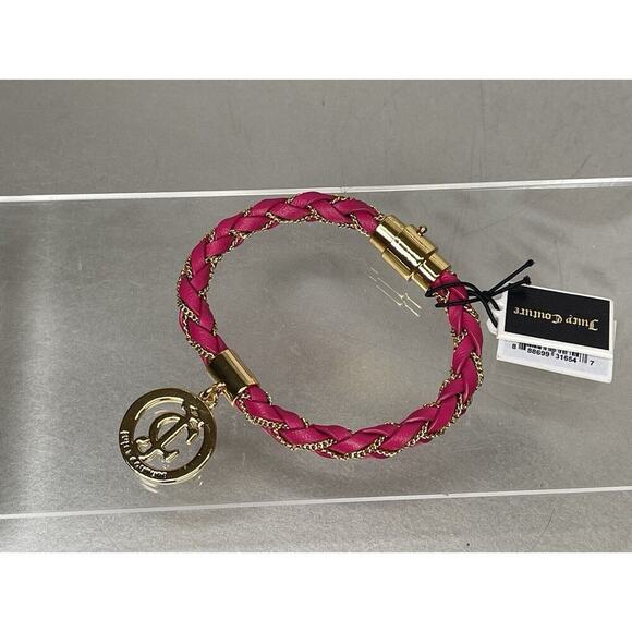 New! Juicy Couture Pink Leather & Gold Tone Chain Braided Bracelet 7.5in - Picture 2 of 4